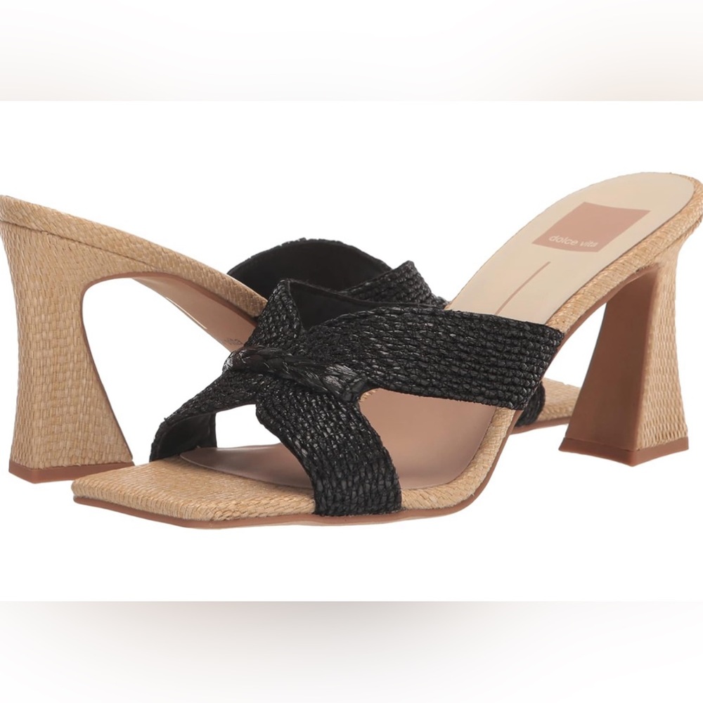 Dolce Vita Nitro Black Sandals 9 Women’s Chunky Heel Raffia NEW Slip On